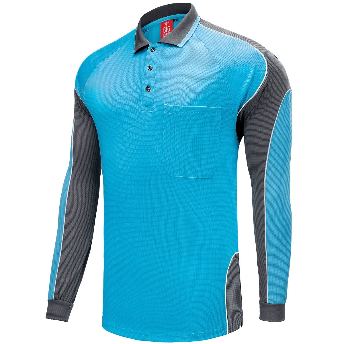 "Men’s Panel Long Sleeve polo shirt in Aqua Blue with Grey Charcoal, side – Big Bee Workwear"