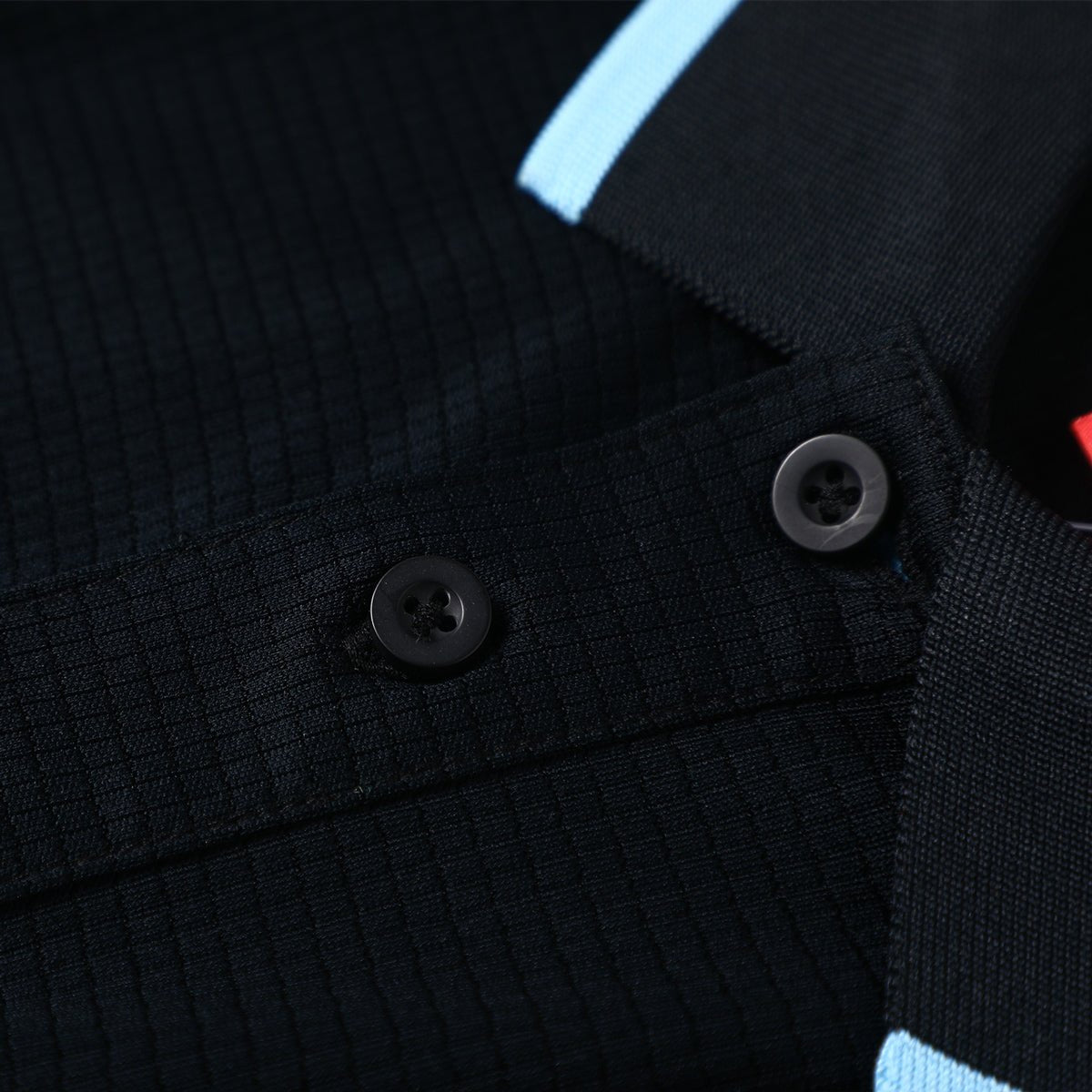 "Men’s Panel Long Sleeve polo shirt button detail close-up – Big Bee Workwear"