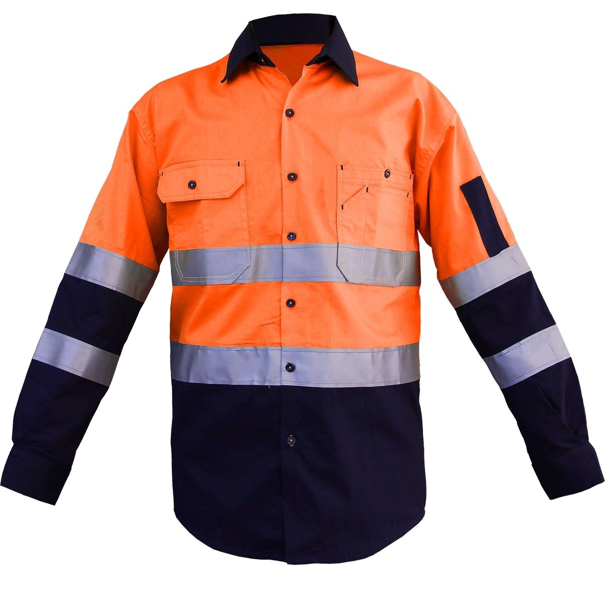"Men’s Hi Vis Work shirt in Orange Navy with Reflective Tape, Long Sleeve, front – Big Bee Workwear"