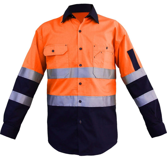 "Men’s Hi Vis Work shirt in Orange Navy with Reflective Tape, Long Sleeve, front – Big Bee Workwear"