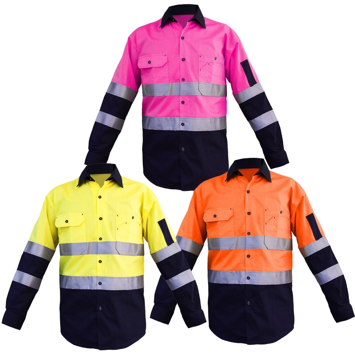 "Men’s Hi Vis Work shirt in with reflective tape, Long Sleeve, multi-colour options overview – Big Bee Workwear"
