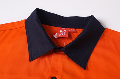 "Men’s Hi Vis Work shirt in with reflective tape, Long Sleeve, collar detail close-up – Big Bee Workwear"