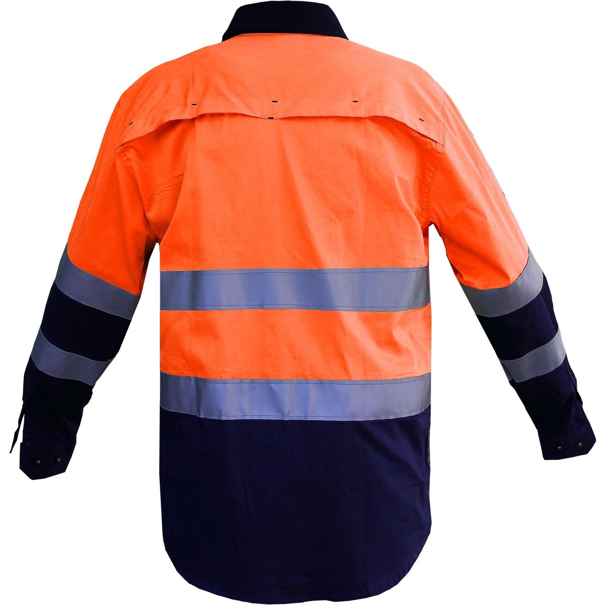 "Men’s Hi Vis Work shirt in Orange Navy with Reflective Tape, Long Sleeve, back – Big Bee Workwear"