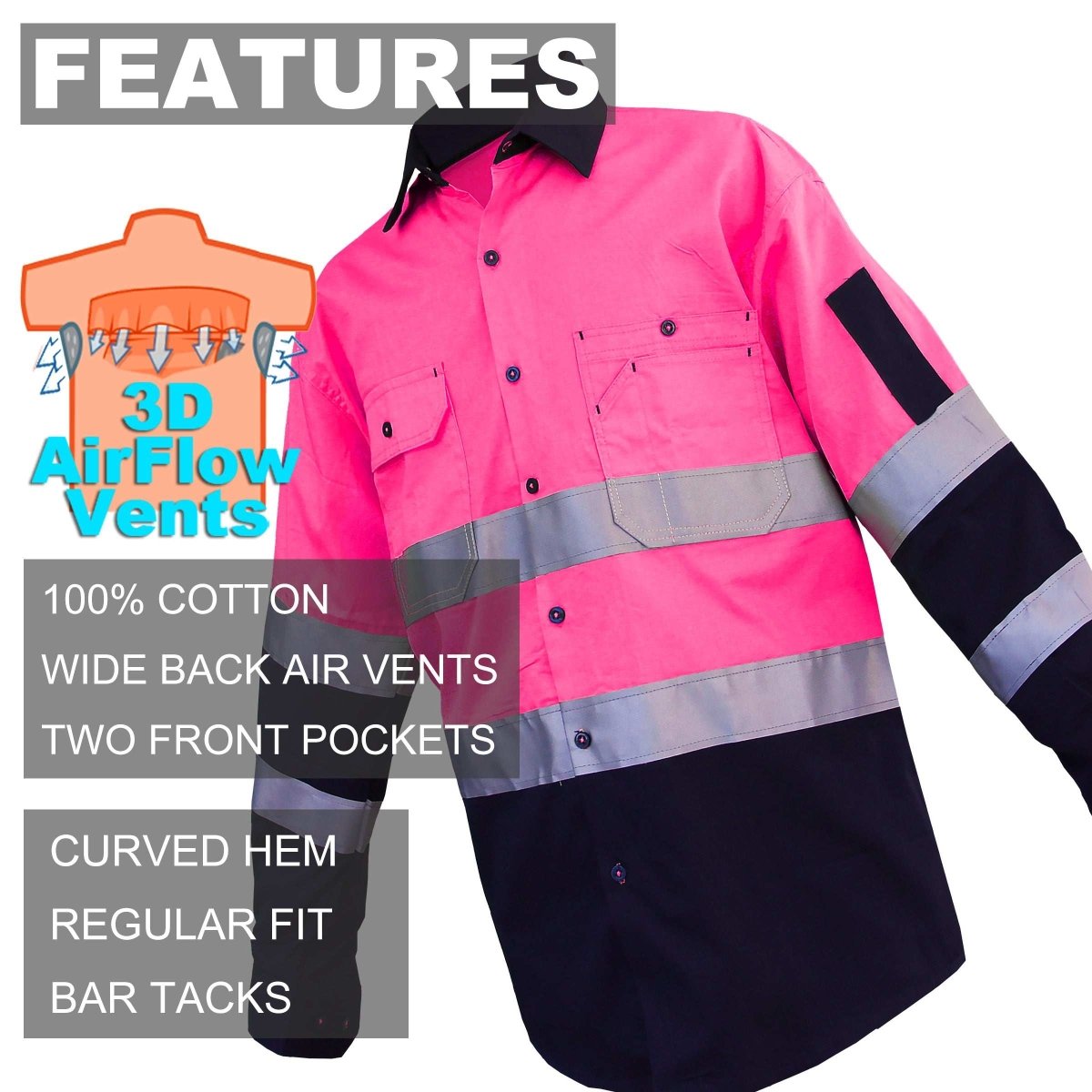 "Men’s Hi Vis Work shirt in with reflective tape, Long Sleeve, key features – Big Bee Workwear"