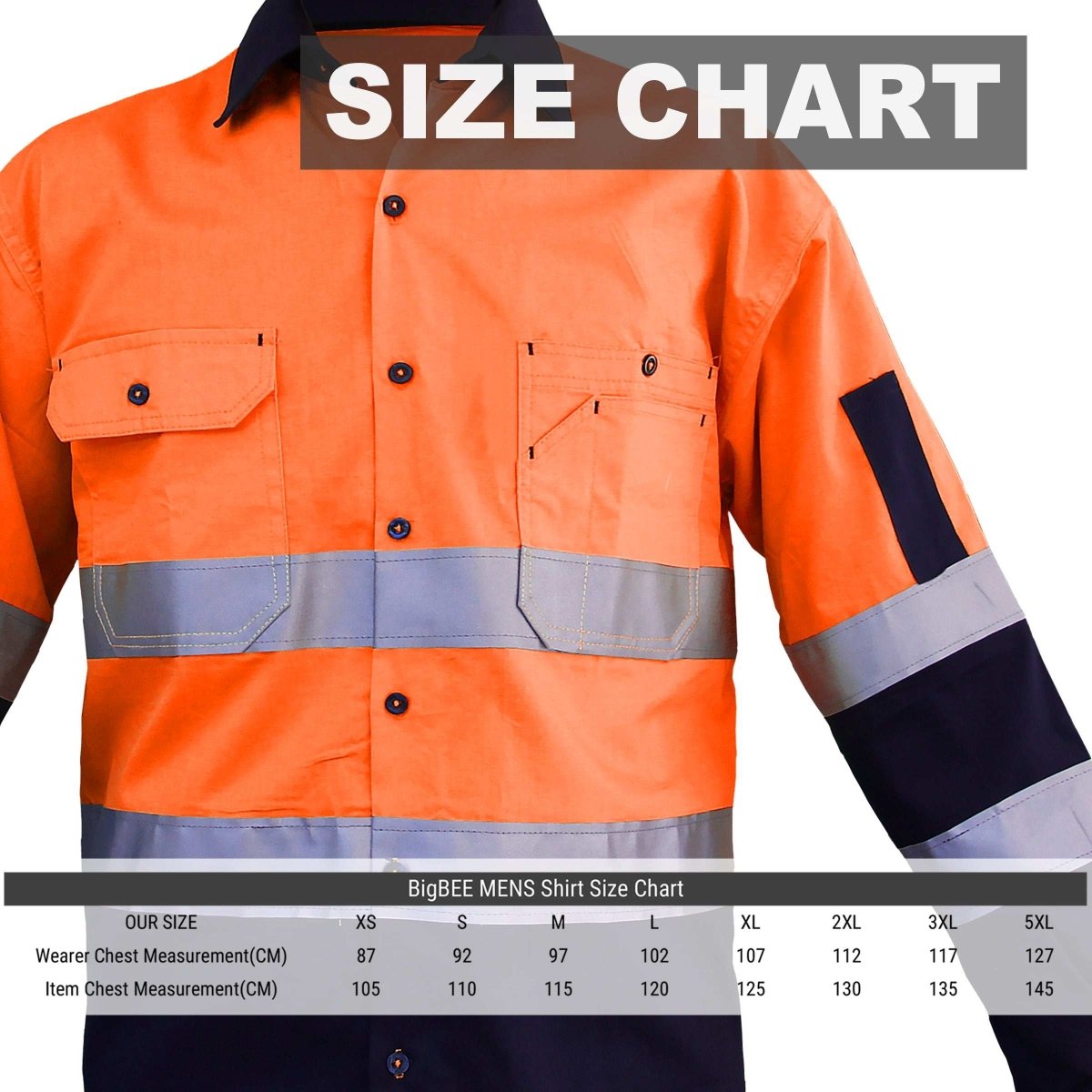 "Men’s Hi Vis Work shirt in with reflective tape, Long Sleeve, size chart – Big Bee Workwear"