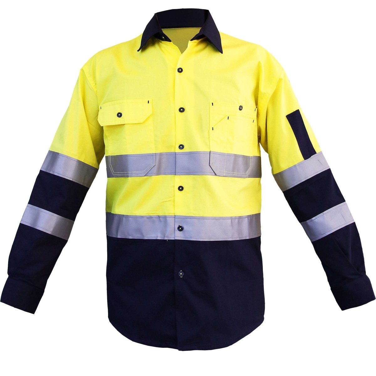 "Men’s Hi Vis Work shirt in Yellow Navy with Reflective Tape, Long Sleeve, front – Big Bee Workwear"