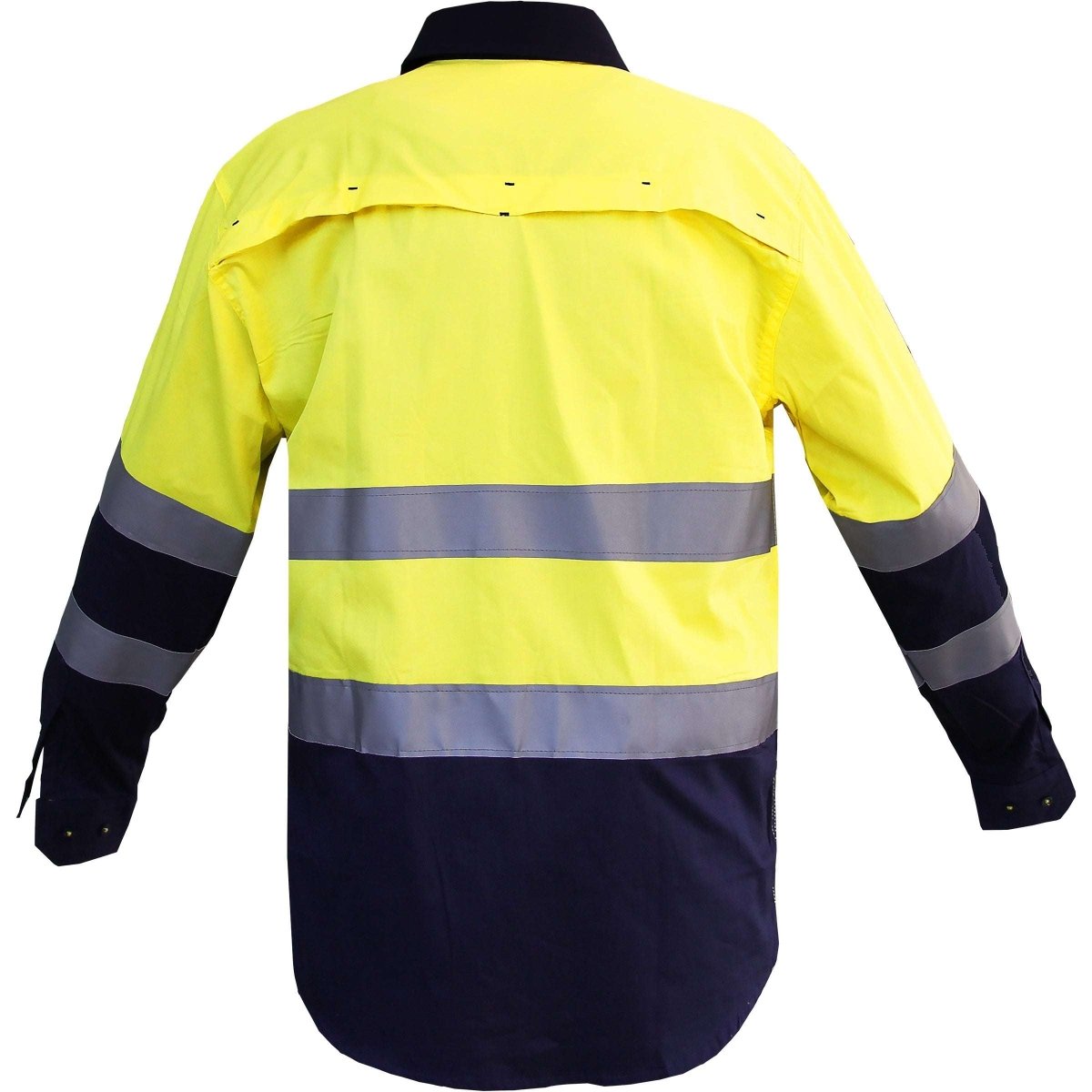 "Men’s Hi Vis Work shirt in Yellow Navy with Reflective Tape, Long Sleeve, back – Big Bee Workwear"