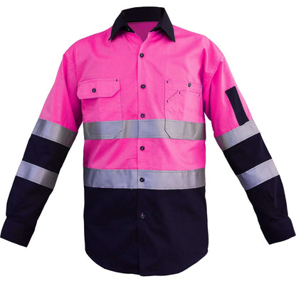 "Men’s Hi Vis Work shirt in Pink Navy with Reflective Tape, Long Sleeve, front – Big Bee Workwear"