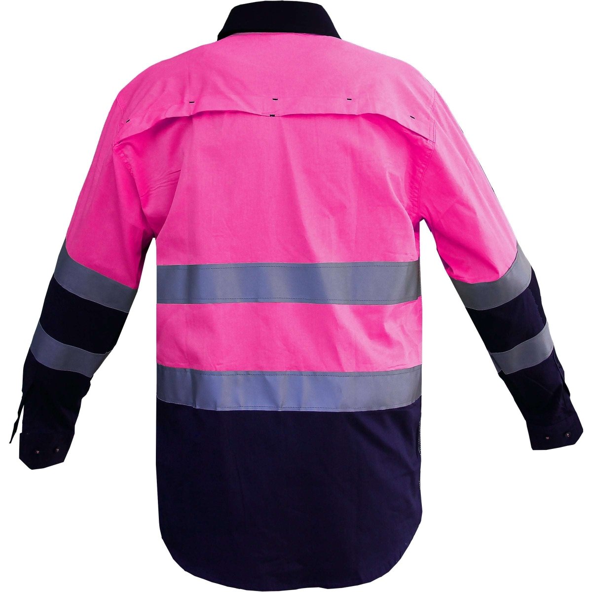 "Men’s Hi Vis Work shirt in Pink Navy with Reflective Tape, Long Sleeve, back – Big Bee Workwear"