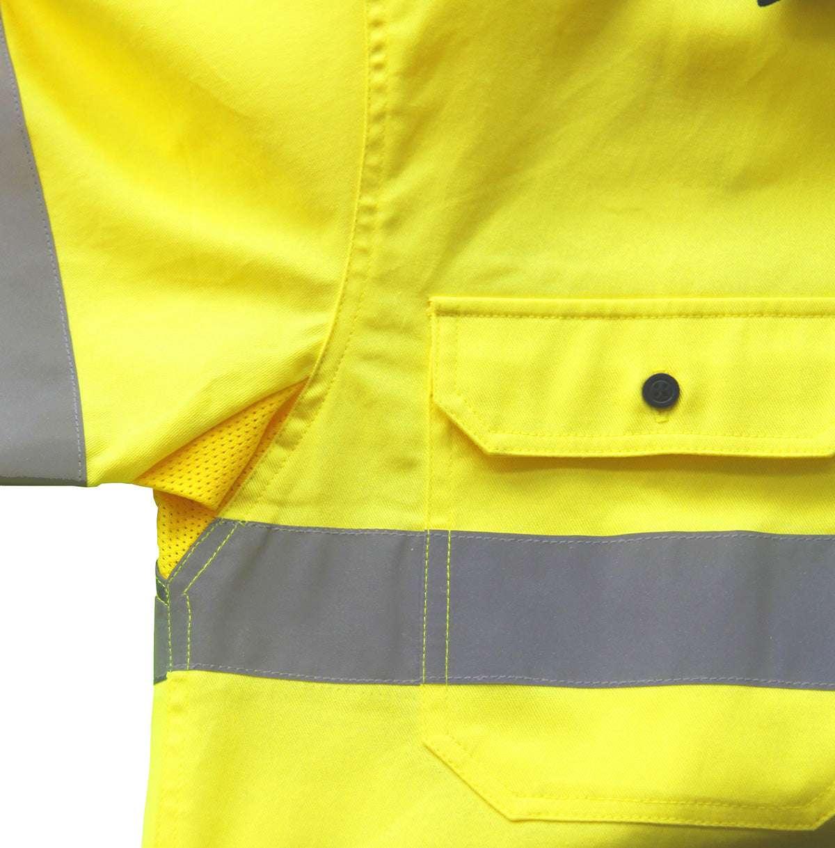 "Men’s Hi Vis Work shirt in with reflective tape, Long Sleeve, pocket detail close-up – Big Bee Workwear"