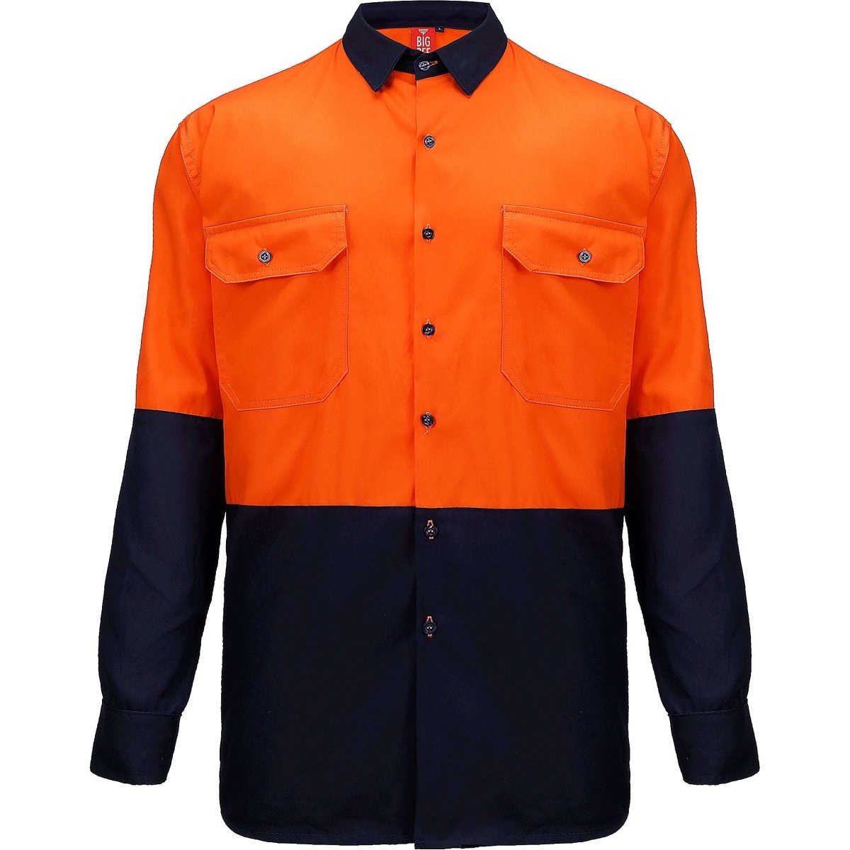 "Hi-Vis Long Sleeve Work shirt in orange navy, front – Big Bee Workwear"
