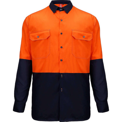"Hi-Vis Long Sleeve Work shirt in orange navy, front – Big Bee Workwear"