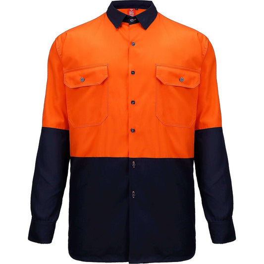 "Hi-Vis Long Sleeve Work shirt in orange navy, front – Big Bee Workwear"