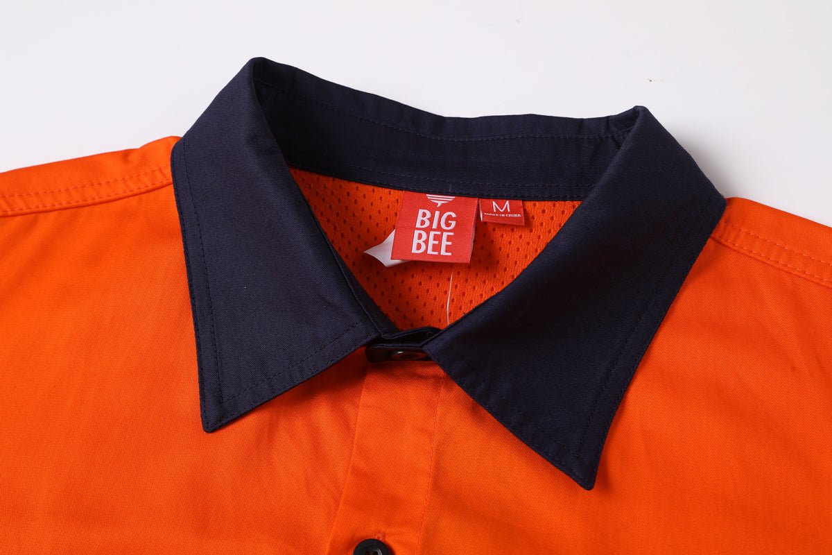 "Hi-Vis Long Sleeve Work shirt collar detail close-up – Big Bee Workwear"