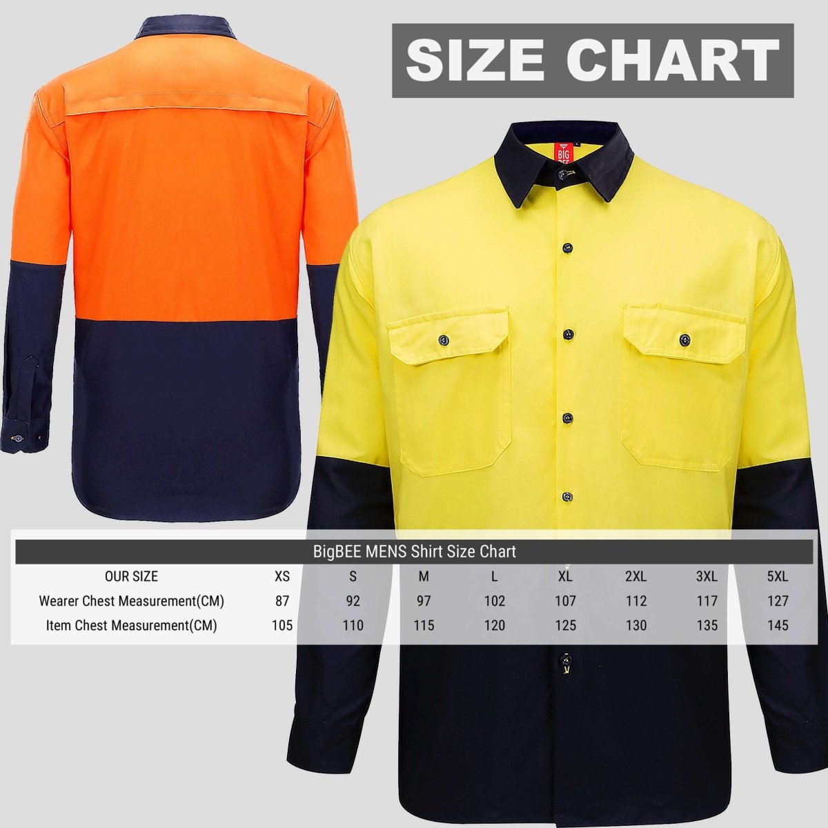 "Hi-Vis Long Sleeve Work shirt size chart – Big Bee Workwear"