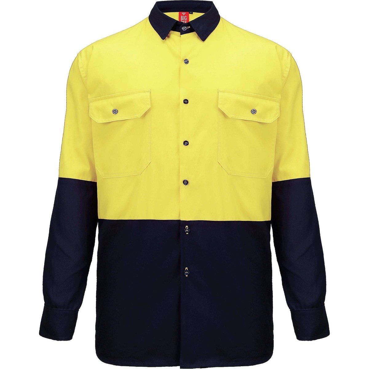 "Hi-Vis Long Sleeve Work shirt in yellow navy, front – Big Bee Workwear"