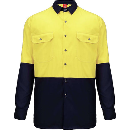 "Hi-Vis Long Sleeve Work shirt in yellow navy, front – Big Bee Workwear"
