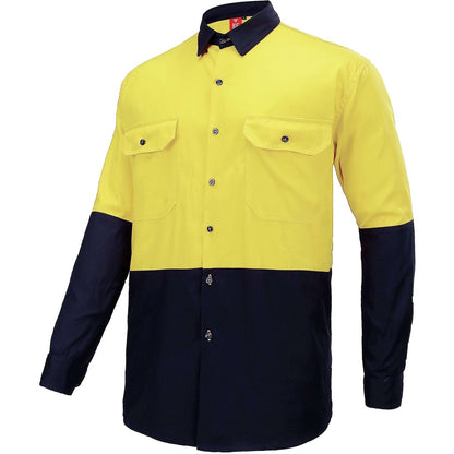 "Hi-Vis Long Sleeve Work shirt in yellow navy, side – Big Bee Workwear"