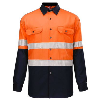 "Hi Vis Work shirt in Orange Navy with Reflective Tape, Long Sleeve, front – Big Bee Workwear"