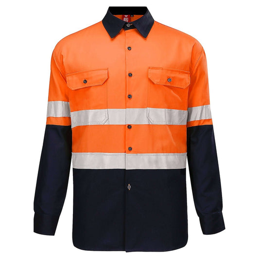 "Hi Vis Work shirt in Orange Navy with Reflective Tape, Long Sleeve, front – Big Bee Workwear"