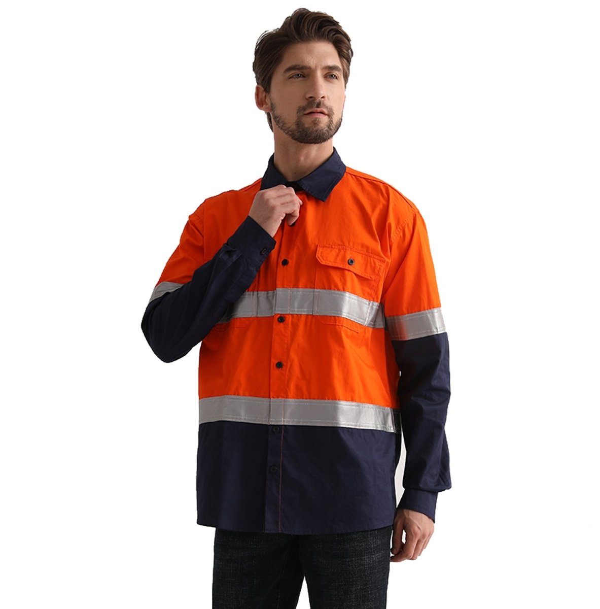 "Hi Vis Work shirt in Orange Navy with Reflective Tape, Long Sleeve, model posed – Big Bee Workwear"