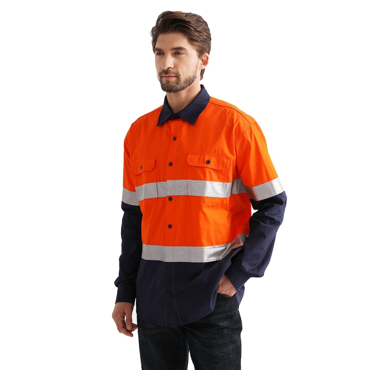 "Hi Vis Work shirt in Orange Navy with Reflective Tape, Long Sleeve, side – Big Bee Workwear"