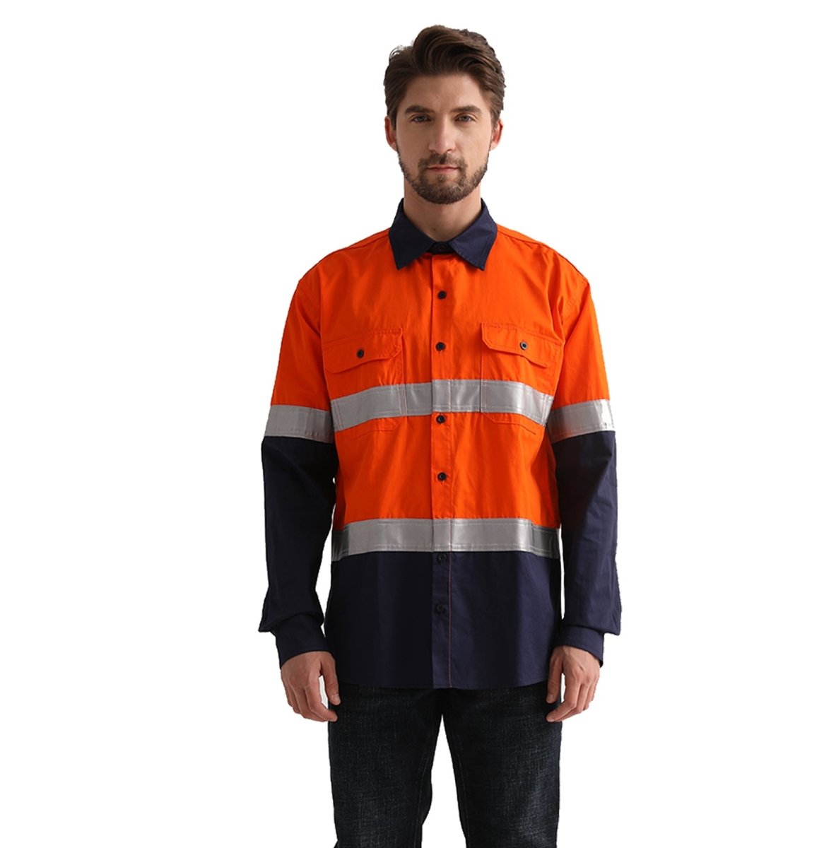 "Hi Vis Work shirt in Orange Navy with Reflective Tape, Long Sleeve, model front – Big Bee Workwear"