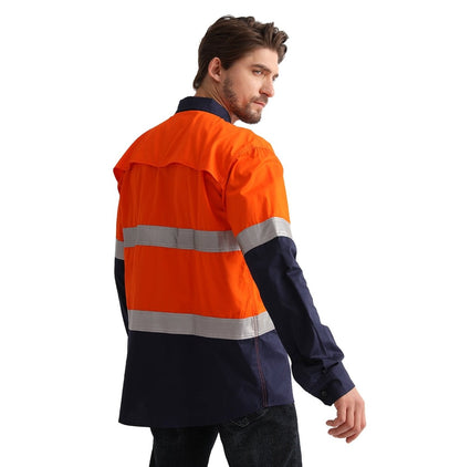 "Hi Vis Work shirt in Orange Navy with Reflective Tape, Long Sleeve, model back angle – Big Bee Workwear"