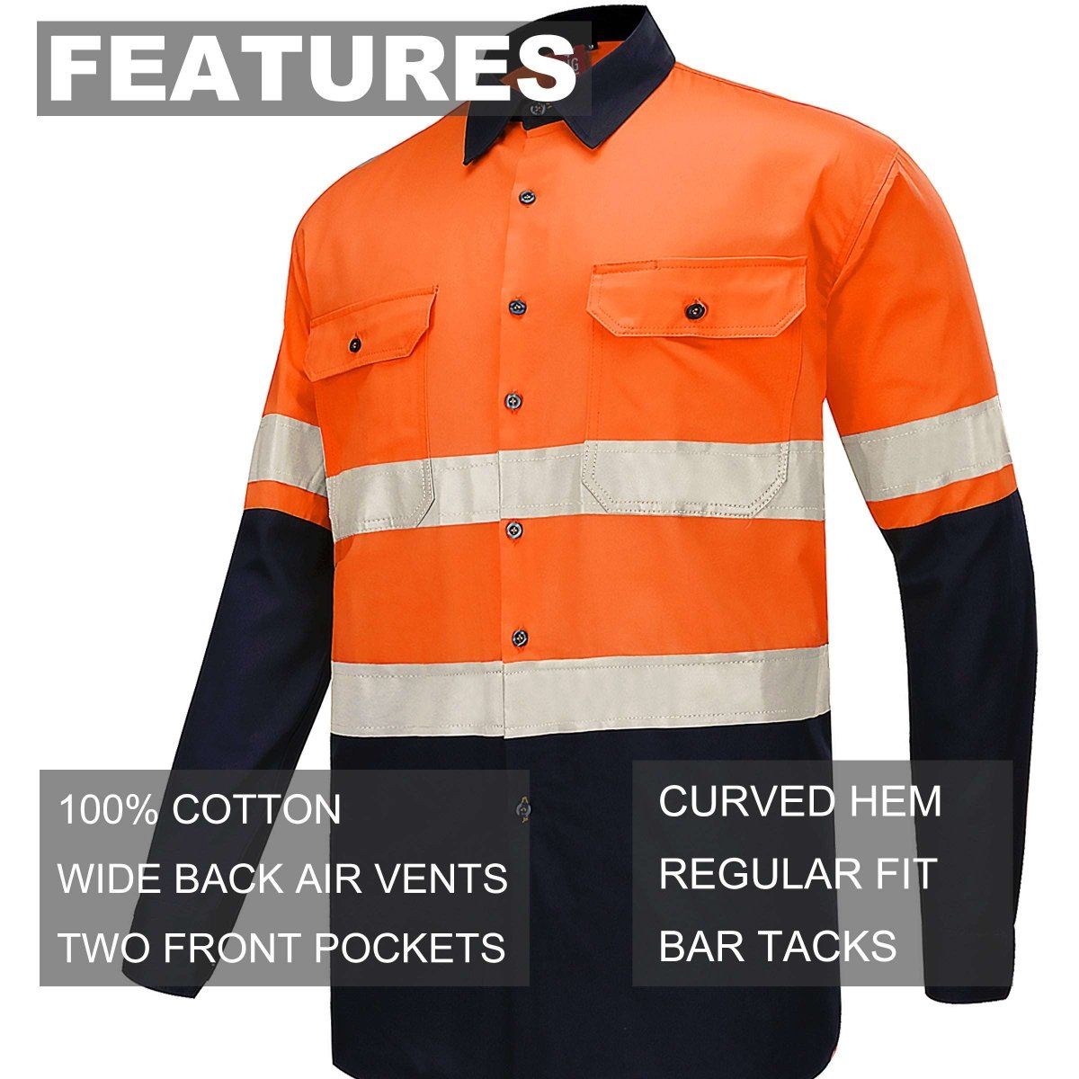 "Hi Vis Work shirt in with reflective tape, Long Sleeve, key features – Big Bee Workwear"