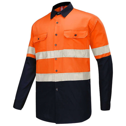 "Hi Vis Work shirt in Orange Navy with Reflective Tape, Long Sleeve, side – Big Bee Workwear"