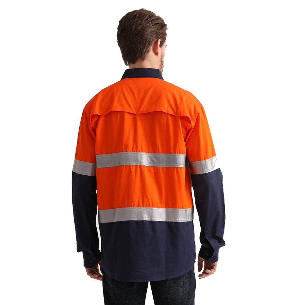 "Hi Vis Work shirt in Orange Navy with Reflective Tape, Long Sleeve, model back – Big Bee Workwear"