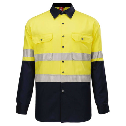 "Hi Vis Work shirt in Yellow Navy with Reflective Tape, Long Sleeve, front – Big Bee Workwear"