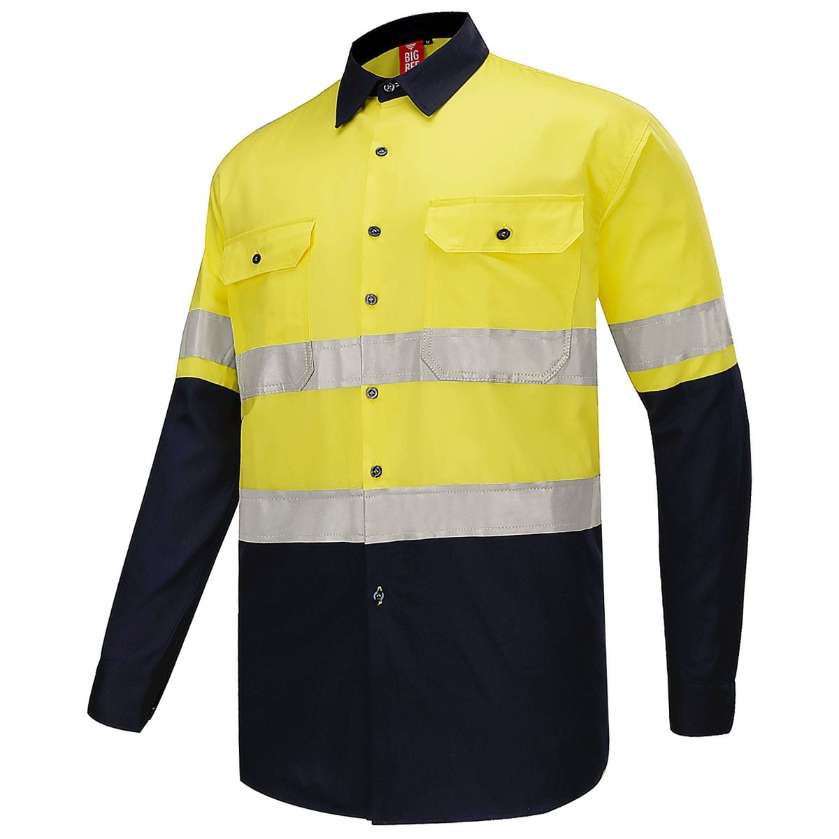 "Hi Vis Work shirt in Yellow Navy with Reflective Tape, Long Sleeve, side – Big Bee Workwear"
