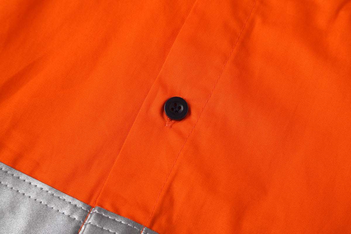 "Hi Vis Work shirt in with reflective tape, Long Sleeve, button detail close-up – Big Bee Workwear"