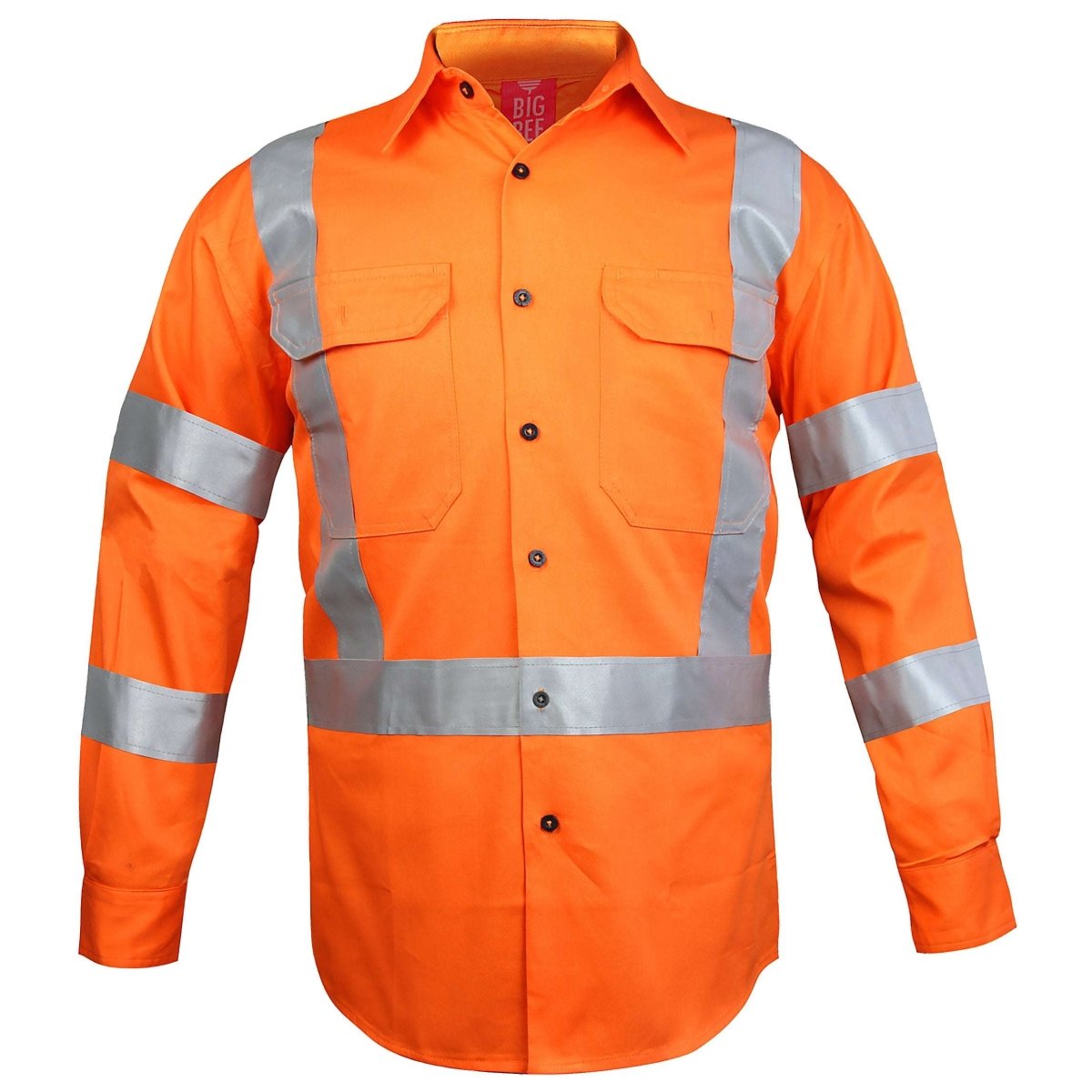 "Cross Back Hi-vis work shirt in Orange with reflective tape, front – Big Bee Workwear"