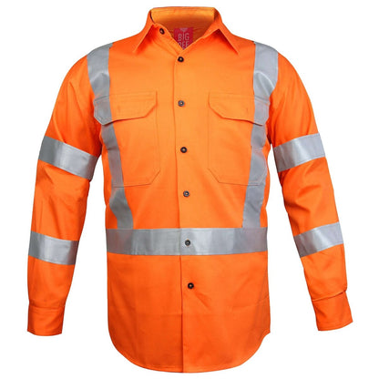 "Cross Back Hi-vis work shirt in Orange with reflective tape, front – Big Bee Workwear"