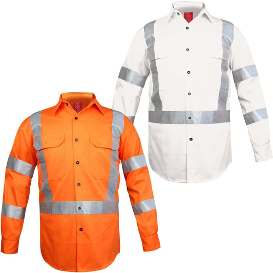 "Cross Back Hi-vis work shirt in Orange with reflective tape, multi-colour options overview – Big Bee Workwear"