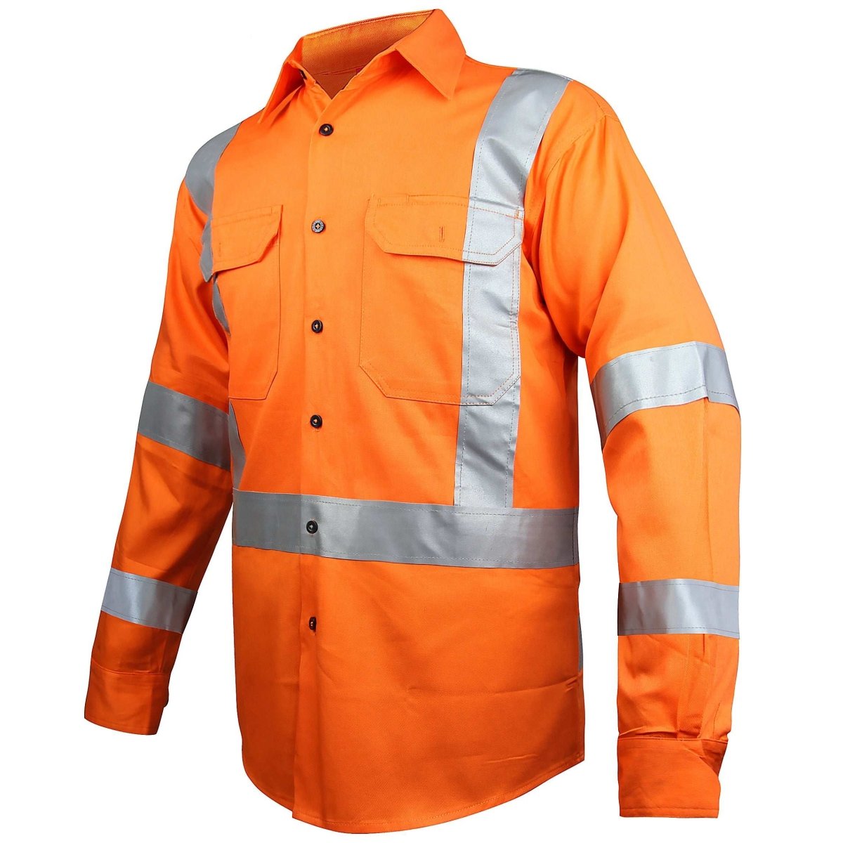 "Cross Back Hi-vis work shirt in Orange with reflective tape, side – Big Bee Workwear"
