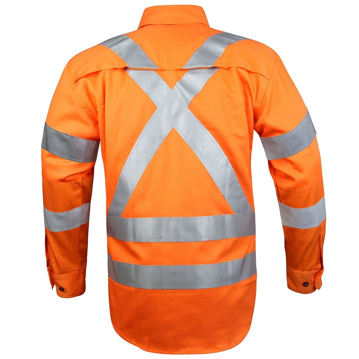 "Cross Back Hi-vis work shirt in Orange with reflective tape, back – Big Bee Workwear"