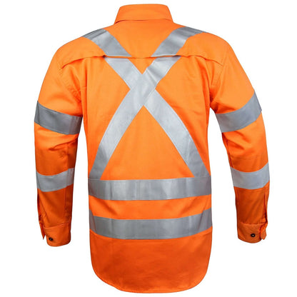 "Cross Back Hi-vis work shirt in Orange with reflective tape, back – Big Bee Workwear"