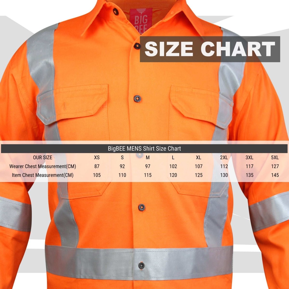 "Cross Back Hi-vis work shirt in Orange with reflective tape, size chart – Big Bee Workwear"