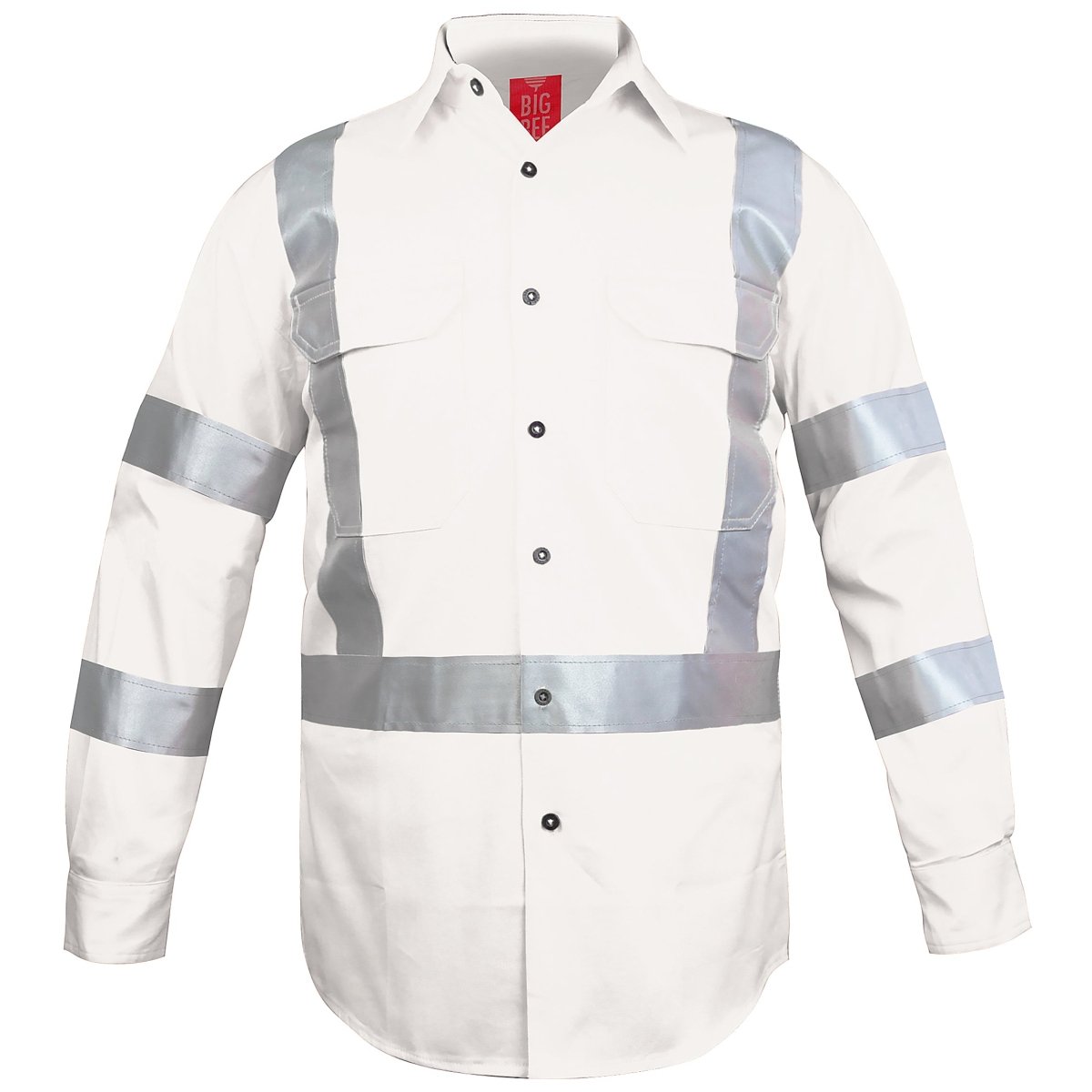 "Cross Back Hi-vis work shirt in white with reflective tape, front – Big Bee Workwear"