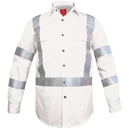 "Cross Back Hi-vis work shirt in white with reflective tape, front – Big Bee Workwear"