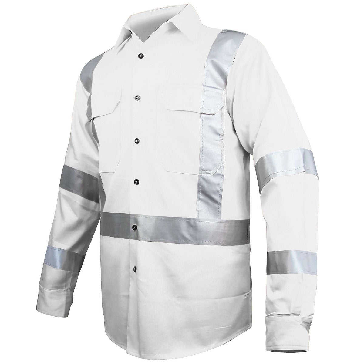 "Cross Back Hi-vis work shirt in white with reflective tape, side – Big Bee Workwear"