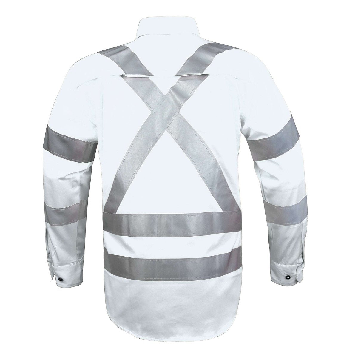 "Cross Back Hi-vis work shirt in white with reflective tape, back – Big Bee Workwear"