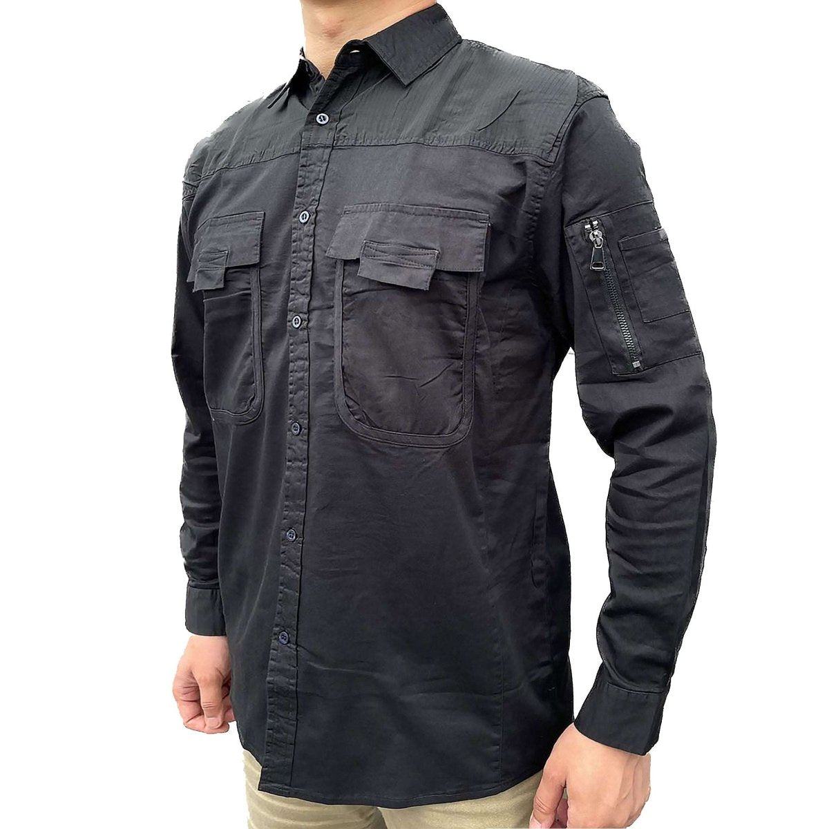 "Men’s Stretch Cotton Work shirt in black, Long Sleeve, model front – Big Bee Workwear"