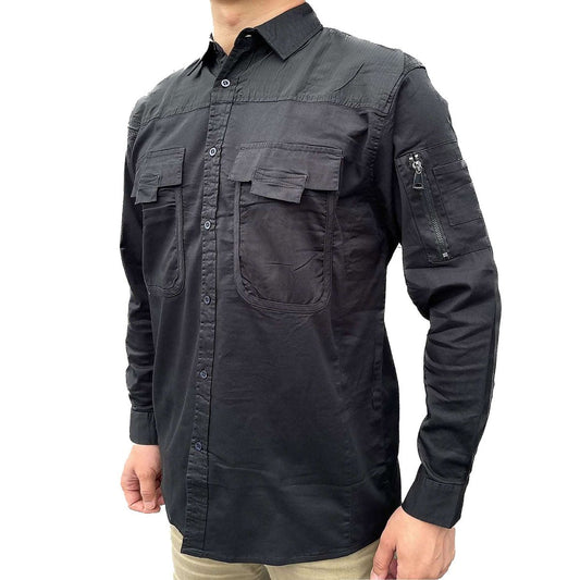 "Men’s Stretch Cotton Work shirt in black, Long Sleeve, model front – Big Bee Workwear"