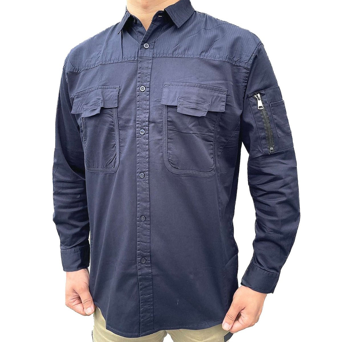 "Men’s Stretch Cotton Work shirt in Navy Blue, Long Sleeve, model front – Big Bee Workwear"
