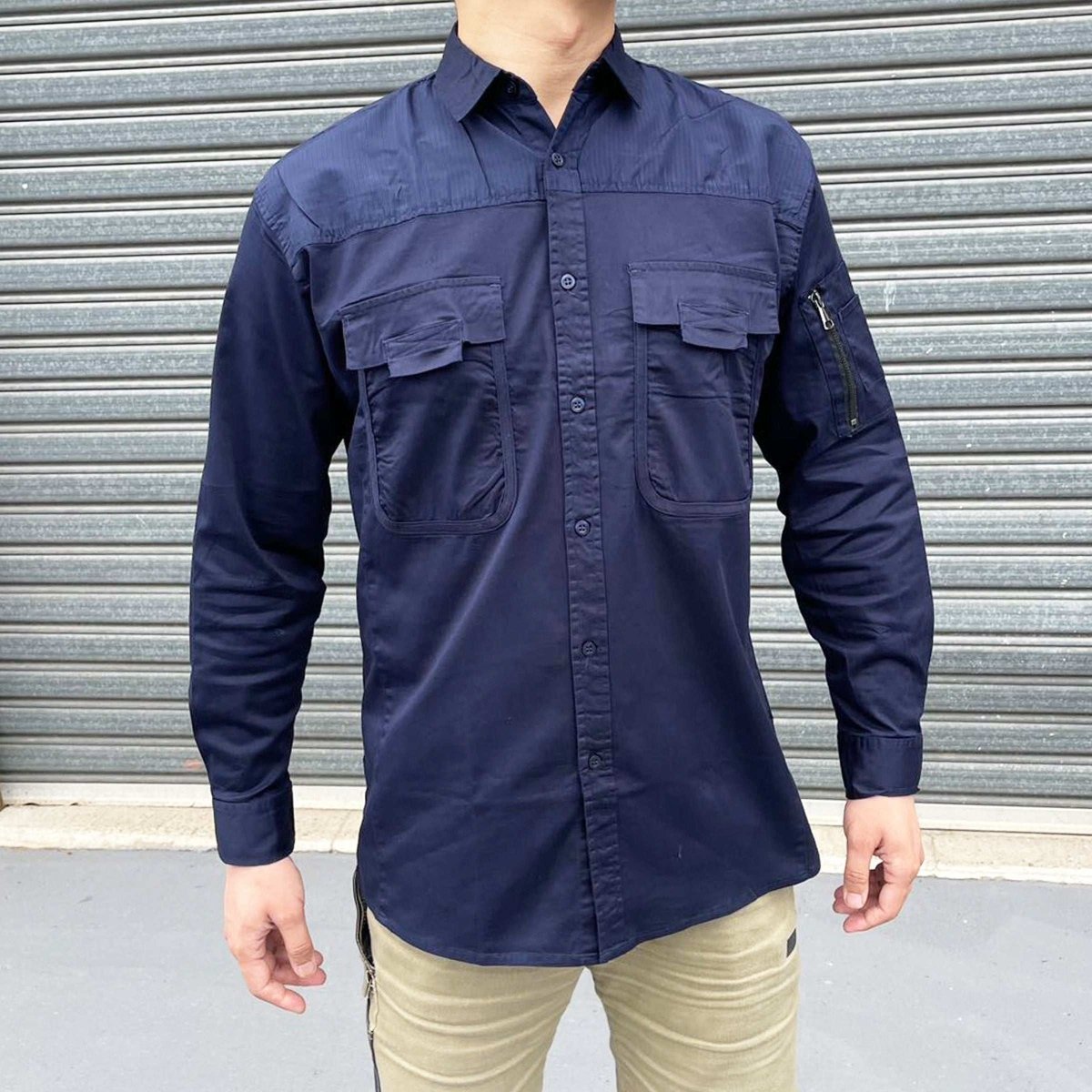"Men’s Stretch Cotton Work shirt in Navy Blue, Long Sleeve, model lifestyle scene – Big Bee Workwear"
