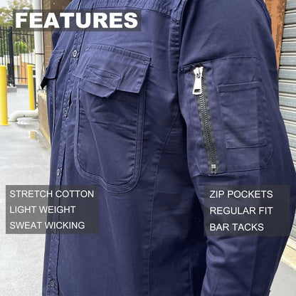 "Men’s Stretch Cotton Work shirt, Long Sleeve, key features – Big Bee Workwear"